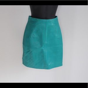 Turquoise leather pencil skirt